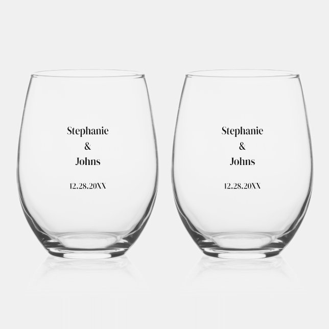 Newlyweds Custom Name Simple Minimal Wedding Favou Stemless Wine Glass (Front)
