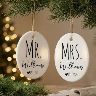 Newlyweds | Custom Rustic Mr and Mrs Wedding Bride Ceramic Ornament
