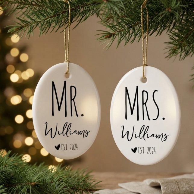 Newlyweds | Custom Rustic Mr and Mrs Wedding Bride Ceramic Ornament (first christmas married ornament, wedding ornament, newlywed ornament, engagement ornament gift)