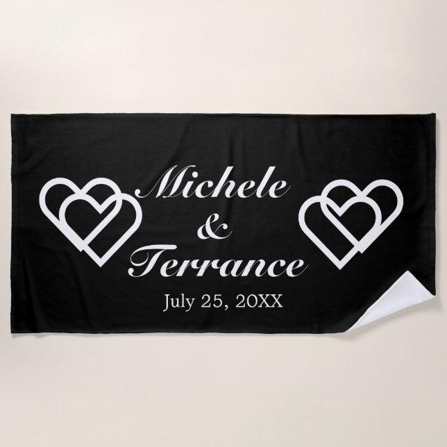 Newlyweds Customised Bride Groom Names Black White Beach Towel (Front)