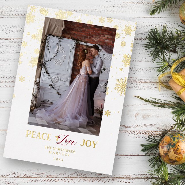 Newlyweds First Christmas Golden Snowflakes Photo Foil Holiday Card (Creator Uploaded)