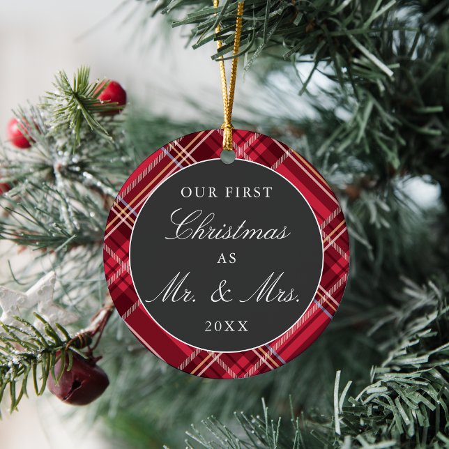 Newlyweds First Christmas Tartan | Holiday Photo Ceramic Ornament (Creator Uploaded)
