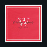 Newlyweds Gift Monogram Name Script Red Paper Napkin<br><div class="desc">Newlyweds Gift Monogram Name Script Red Paper Napkins. Standard Luncheon size only available. Personalised white monogram design with the newlywed bride and groom's last name and date established printed in black lettering on a rich red background. A unique gift for newlyweds. Lovely for their new life together. Also a beautiful...</div>