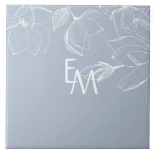NEWLYWEDS GIFTS Dusty Blue White Magnolia MONOGRAM Ceramic Tile