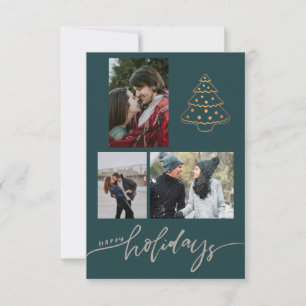 Newlyweds Gold Christmas Tree 3 Photo Collage Card