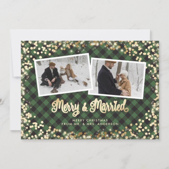 Newlyweds Green Plaid Gold Photo Christmas Holiday (Front)