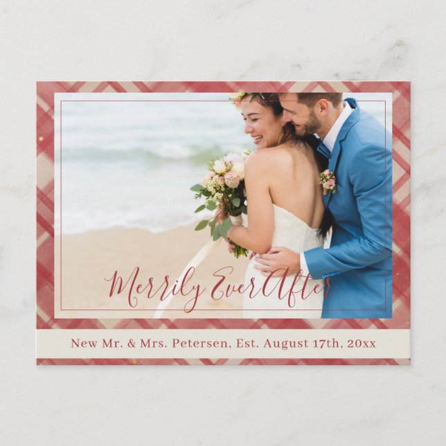 Newlyweds Merrily Ever After red Christmas photo Holiday Postcard (Front)