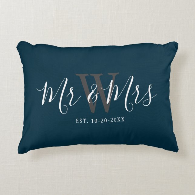 Newlyweds Mr Mrs Navy Blue Script Monogram Initial Decorative Cushion (Front)