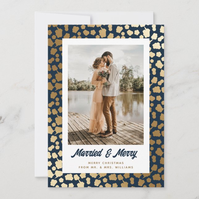 Newlyweds Photo Christmas Blue Gold Holiday Card (Front)