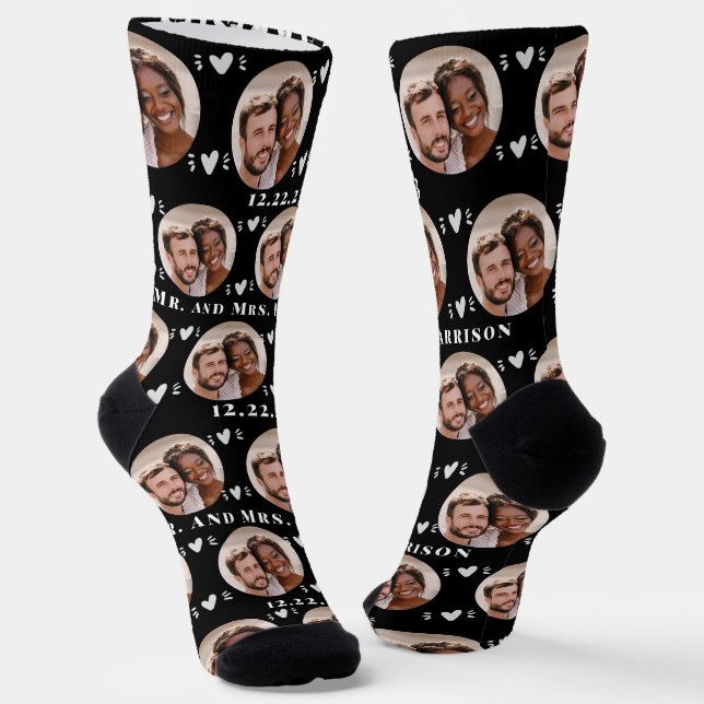  Newlyweds Photo Pattern Black Wedding Socks (Angled)