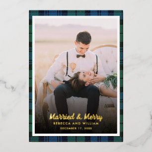 Newlyweds Photo Tartan Christmas Foil Holiday Card