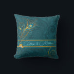 Newlyweds Teal Peacock and Gold Custom Name Cushion<br><div class="desc">This lovely pillow for the newlyweds is 2-sided and features a paisley print in teal with gold wedding rings,  swirls,  peacock feathers and is personalised with the couple's names. Makes a lovely wedding gift.</div>