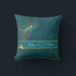 Newlyweds Teal Peacock and Gold Custom Name Cushion<br><div class="desc">This lovely pillow for the newlyweds is 2-sided and features a paisley print in teal with gold wedding rings,  swirls,  peacock feathers and is personalised with the couple's names. Makes a lovely wedding gift.</div>