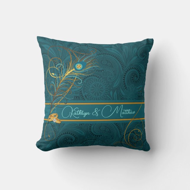 Newlyweds Teal Peacock and Gold Custom Name Cushion (Front)