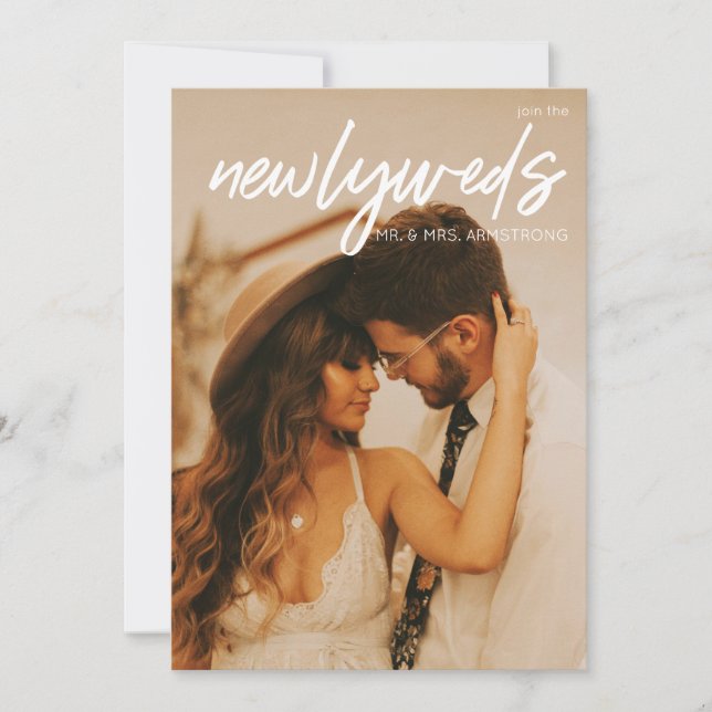 Newlyweds W 3 Photo & Typography Wedding Reception Invitation (Front)