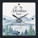 Newlyweds Wedding  Square Wall Clock<br><div class="desc">Let the adventure begin themed watercolor newlyweds wedding clock with watercolor forest adventure scene. Perfect for your first cabin or lake house.</div>