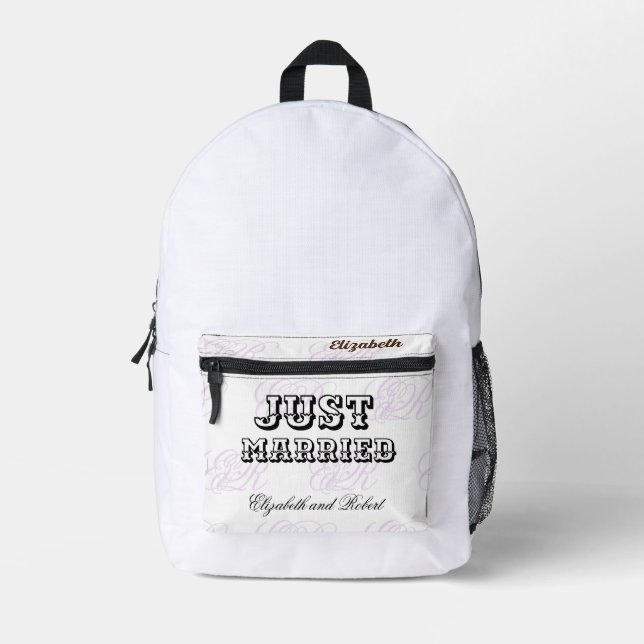 Newlyweds white & Black Modern Monogram Honeymoon Printed Backpack (Front)