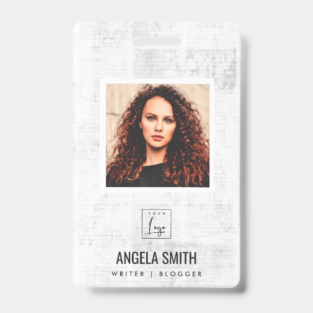 NEWPAPER TEXTURE EMPLOYEE PHOTO BARCODE NAME ID BADGE (Front)