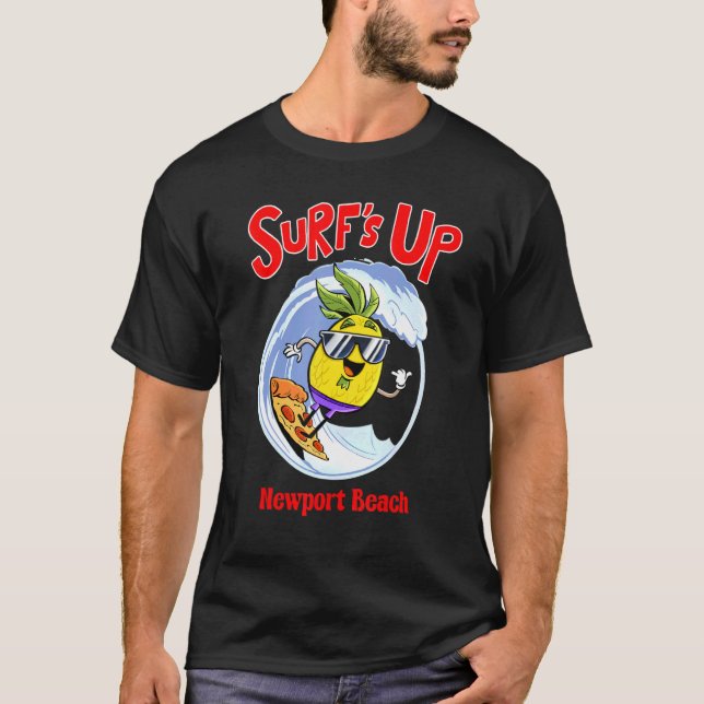 Newport Beach  For Kids Pineapple Surfing On Pizza T-Shirt (Front)