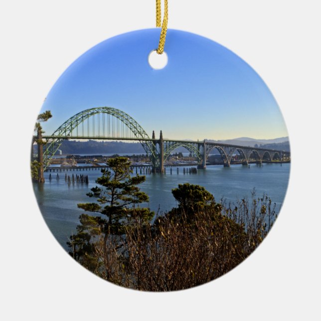 Newport Bridge over Yaquina Bay Ceramic Tree Decoration (Front)