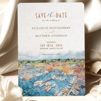 Newport Harbour Save the Date Watercolor Seaside
