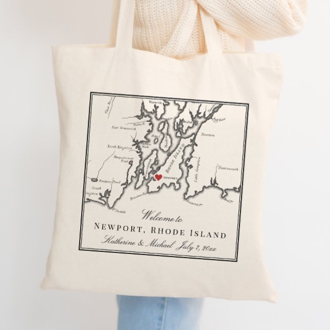 Newport Rhode Island Black White Wedding Welcome Tote Bag (Newport RI Map Wedding Welcome Bag Tote Bag Wedding Favor in Elegant Black and White )