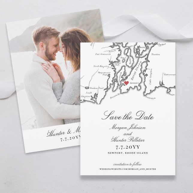 Newport Rhode Island Elegant Black White Wedding Save The Date (Newport RI Map Save the Date for an Elegant Black and White Wedding with Photo Back from Coastal Map)
