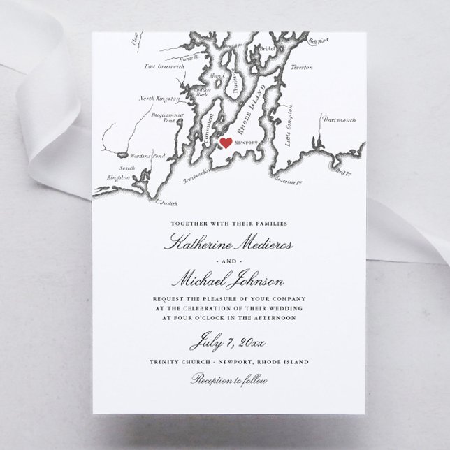 Newport Rhode Island Map Black and White Wedding Invitation (Black and White Newport Rhode Island Wedding invitations)