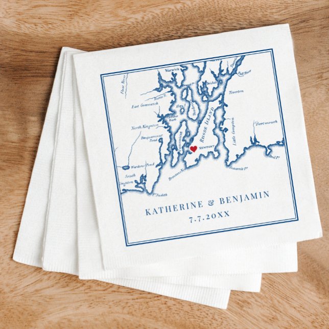 Newport Rhode Island Map Navy Elegant Wedding Napkin (These Newport, RI napkins are perfect for your Newport destination wedding in Narragansett Bay)