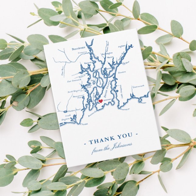 Newport Rhode Island Map with Heart Navy Wedding Thank You Card (Creator Uploaded)