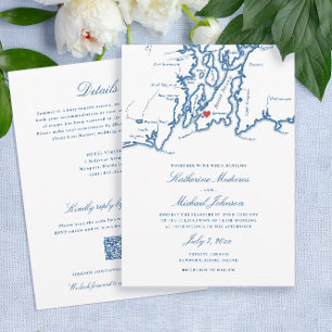 Newport RI Map All-in-One QR code RSVP Wedding Invitation