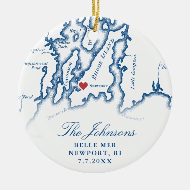 Newport RI Map Wedding Photo Christmas Ceramic Ornament (Front)