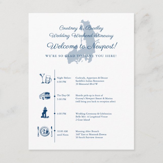 Newport RI Wedding Reception Itinerary Timeline Enclosure Card (Front)