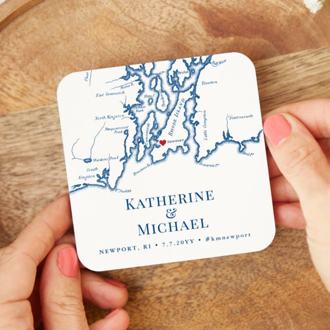 Newport RI Wedding Welcome Party Cocktail Hour Square Paper Coaster (Newport RI Map Personalized Wedding Drink Coasters in elegant Navy Blue from Coastal Map Designs)