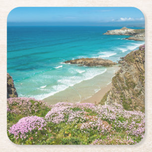 Newquay beach in North Cornwall wild flowers cliff Square Paper Coaster