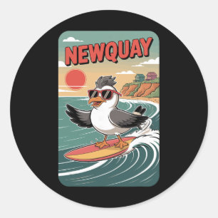 Newquay Beach Vibes, Fun Retro Sunset And Surfing Classic Round Sticker