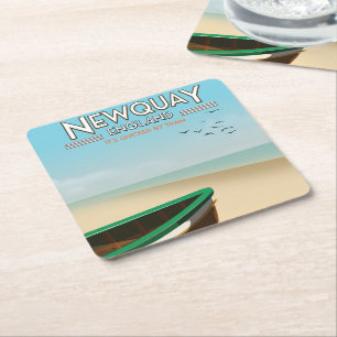 Newquay England Vintage seaside travel poster Square Paper Coaster