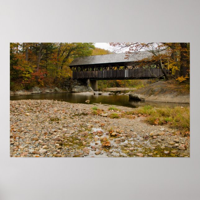 Newry Covered Bridge over river in autumn Poster (Front)