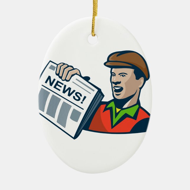 Newsboy Newspaper Delivery Retro Ceramic Tree Decoration (Front)