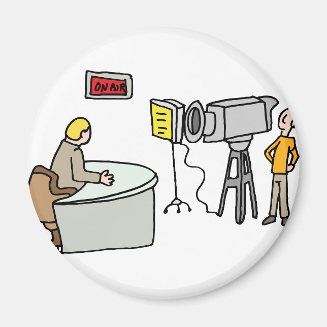 Newscaster reporting live in a studio magnet (Front)