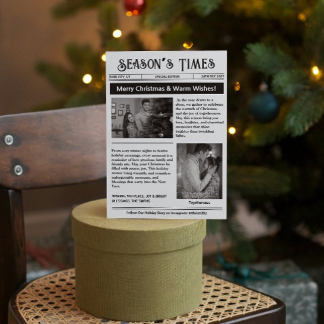 Newsletter Arch Multi Photo Christmas Black White Holiday Card (newspaper black and white unique classic vintage simple modern photo collage multi photo pictures )