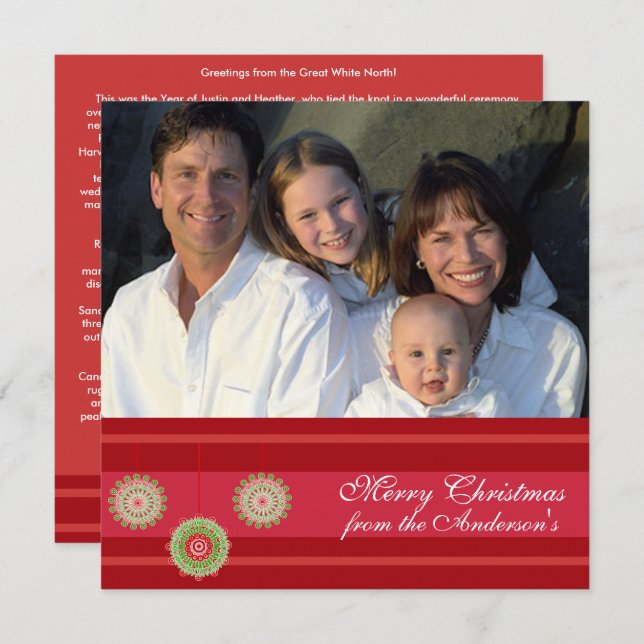 Newsletter on Back Red Ornament Christmas Card (Front/Back)