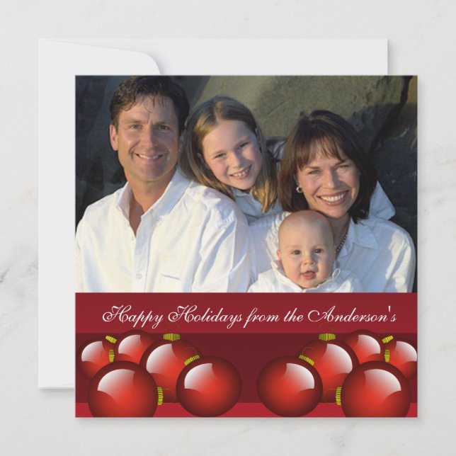 Newsletter on Back Red Ornament Christmas Card (Front)