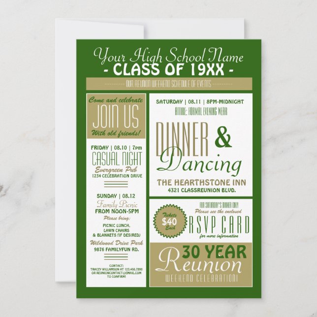 Newsletter Style High School Reunion Invitation (Front)