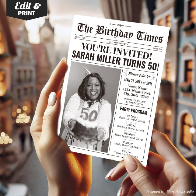 Newspaper 50th Birthday Party Invitation & Program (50th Birthday Newspaper Invitations with Program)