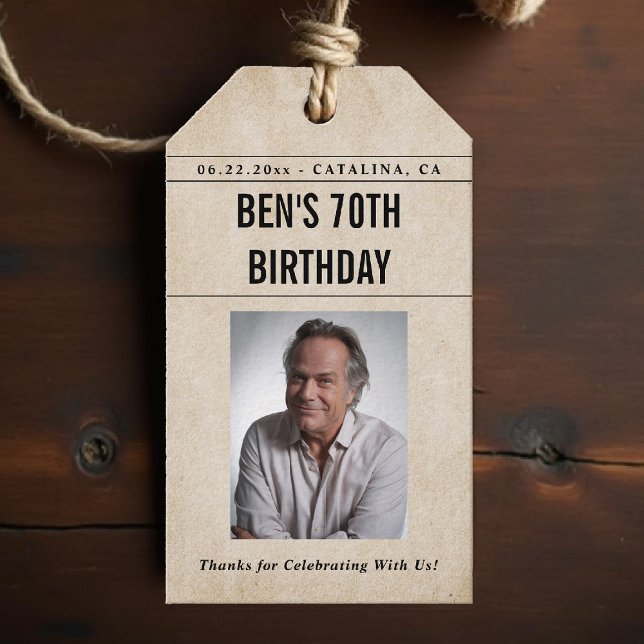Newspaper Birthday News Funny Humorous Men 70th Gift Tags (men 70th birthday party gift tag personalized newspaper theme vintage funny photo thank you)