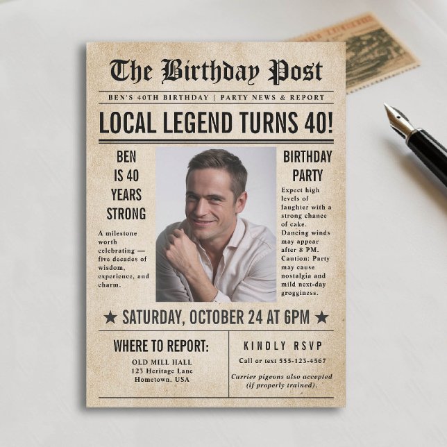 Newspaper Birthday News Funny Humourous Men 40th Invitation (40th birthday party for men invitation card photo template vintage newspaper news funny humorous)
