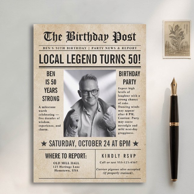 Newspaper Birthday News Funny Humourous Men 50th Invitation (50th birthday party for men invitation card photo template vintage newspaper news funny humorous)