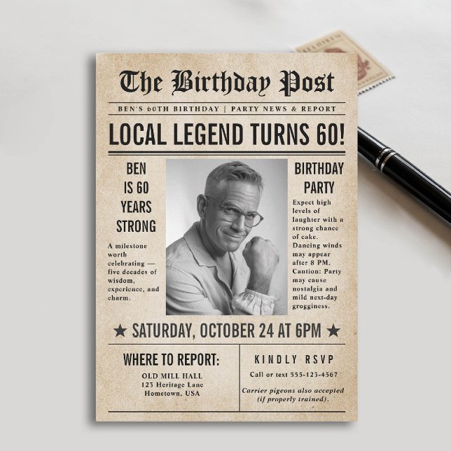 Newspaper Birthday News Funny Humourous Men 60th Invitation (60th birthday party for men invitation card photo template vintage newspaper news funny humorous)