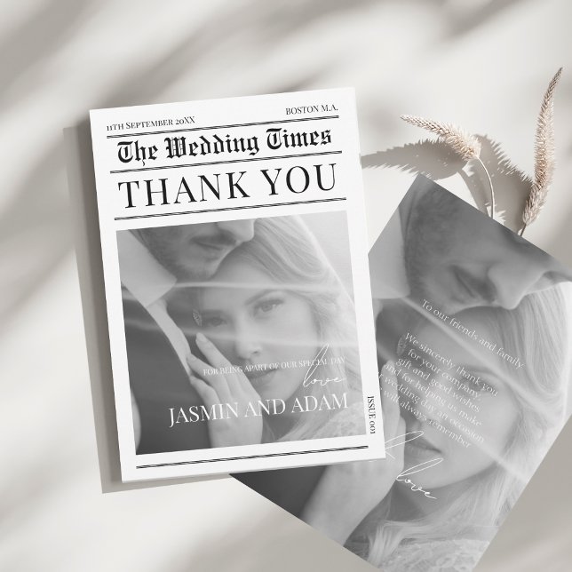 Newspaper Black and White Unique Photo Wedding Thank You Card (Newspaper Black and White Unique Photo Wedding Thank You Card)